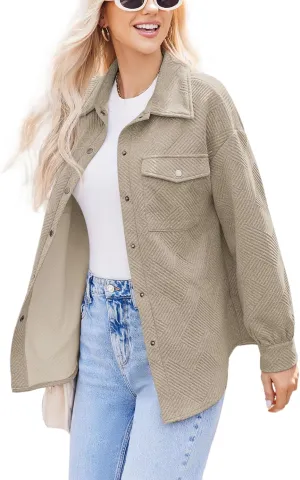 Women Shacket Jacket with Pockets Casual Fall Coat Long Sleeve Shirts Button Down Collared Winnter Clothes