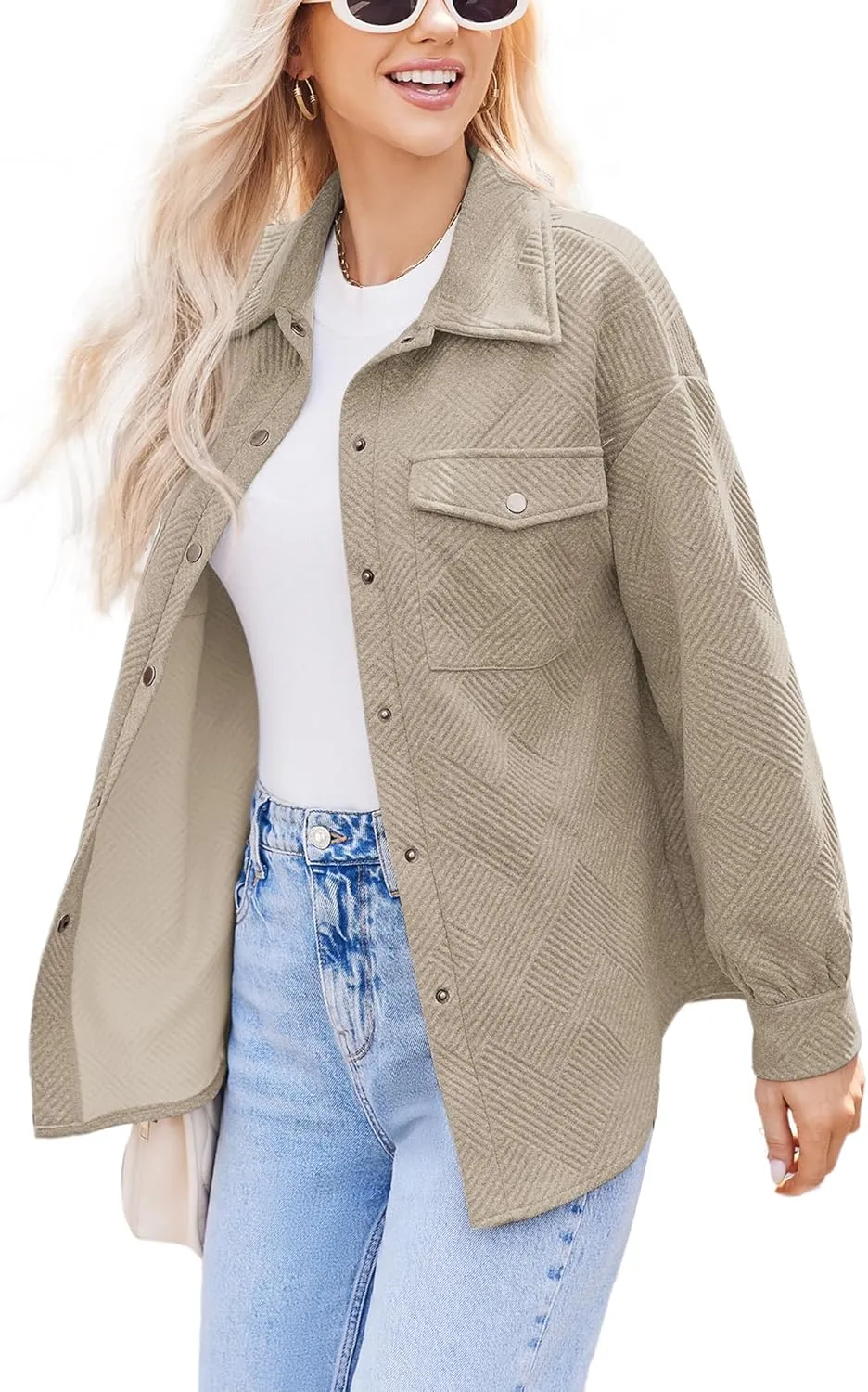 Women Shacket Jacket with Pockets Casual Fall Coat Long Sleeve Shirts Button Down Collared Winnter Clothes