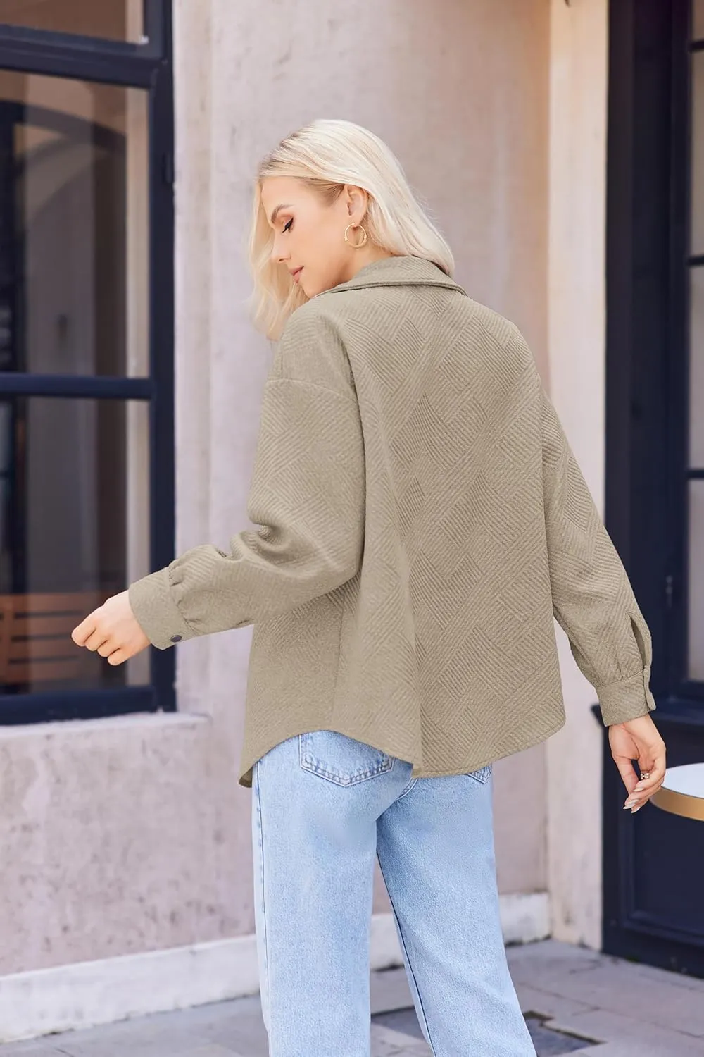 Women Shacket Jacket with Pockets Casual Fall Coat Long Sleeve Shirts Button Down Collared Winnter Clothes