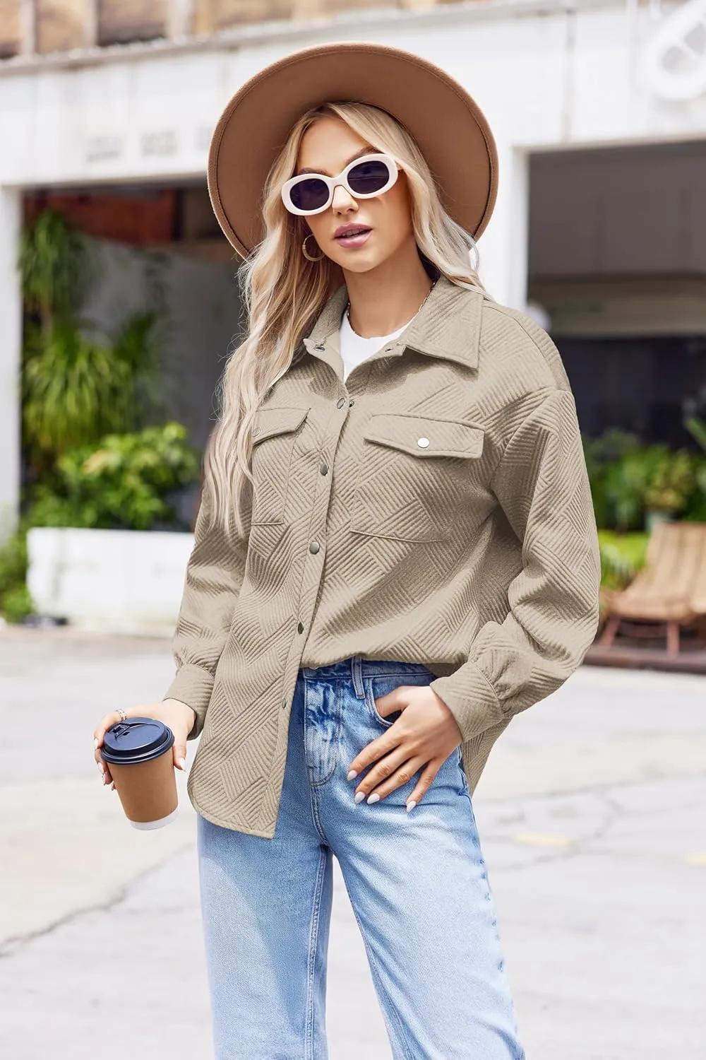 Women Shacket Jacket with Pockets Casual Fall Coat Long Sleeve Shirts Button Down Collared Winnter Clothes