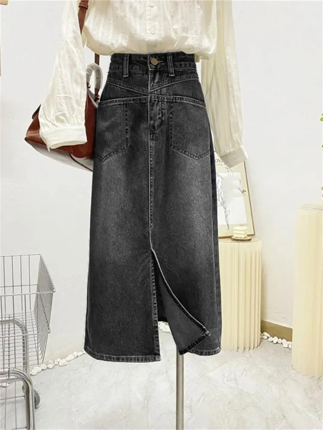 Women Slit Vintage Midi Casual Denim Skirts High Waist Fashion A-Line All-Match Skirts