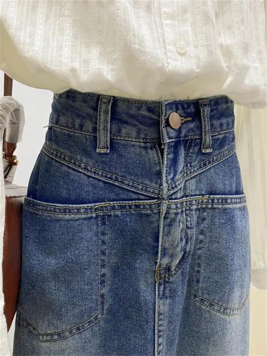 Women Slit Vintage Midi Casual Denim Skirts High Waist Fashion A-Line All-Match Skirts