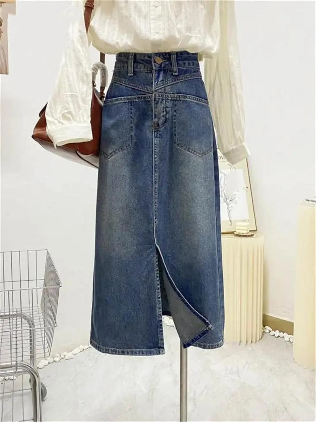 Women Slit Vintage Midi Casual Denim Skirts High Waist Fashion A-Line All-Match Skirts