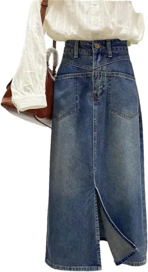 Women Slit Vintage Midi Casual Denim Skirts High Waist Fashion A-Line All-Match Skirts