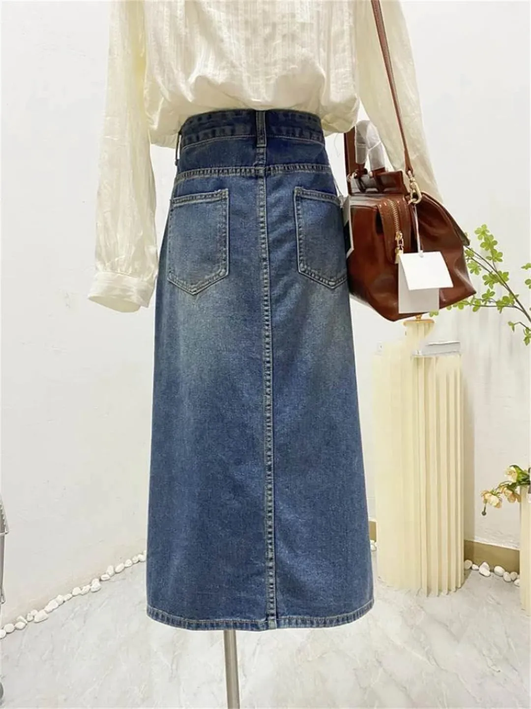 Women Slit Vintage Midi Casual Denim Skirts High Waist Fashion A-Line All-Match Skirts