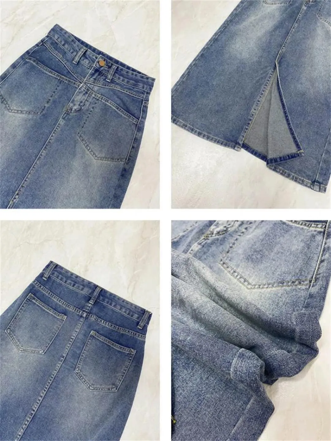 Women Slit Vintage Midi Casual Denim Skirts High Waist Fashion A-Line All-Match Skirts