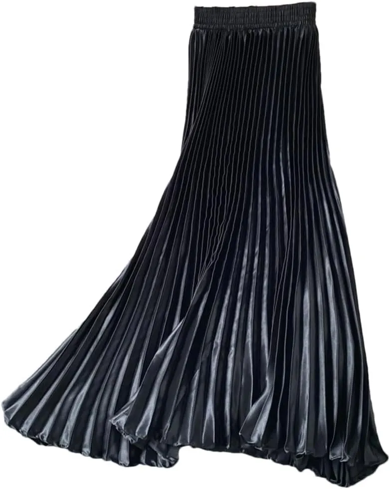 Women Solid Pleated Casual Midi Skirt Vintage High Waist Party A-Line Skirts