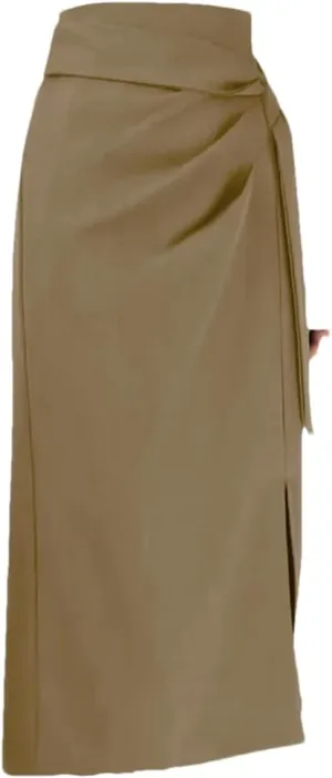 Women Summer Fashion Elegant Split Skirt High Waist Pleated Midi Skirts Casual Solid Color Loose Bottoms