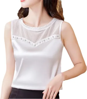 Women Summer Tank Tops Spring Summer Silk Satin Camisole Sleeveless Patchwork Beaded Diamond Vest Shirt