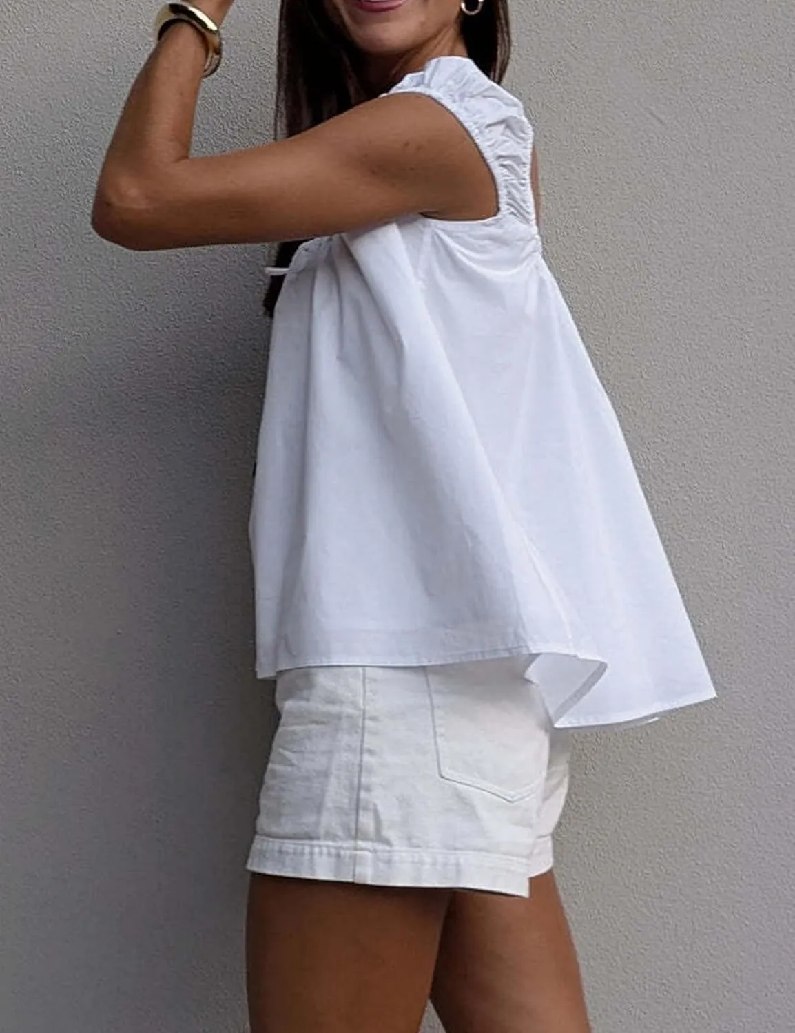Women Tie Front Tank Tops Summer Sleeveless Square Neck Babydoll Shirts Casual Flowy Pleated Ruffle Top