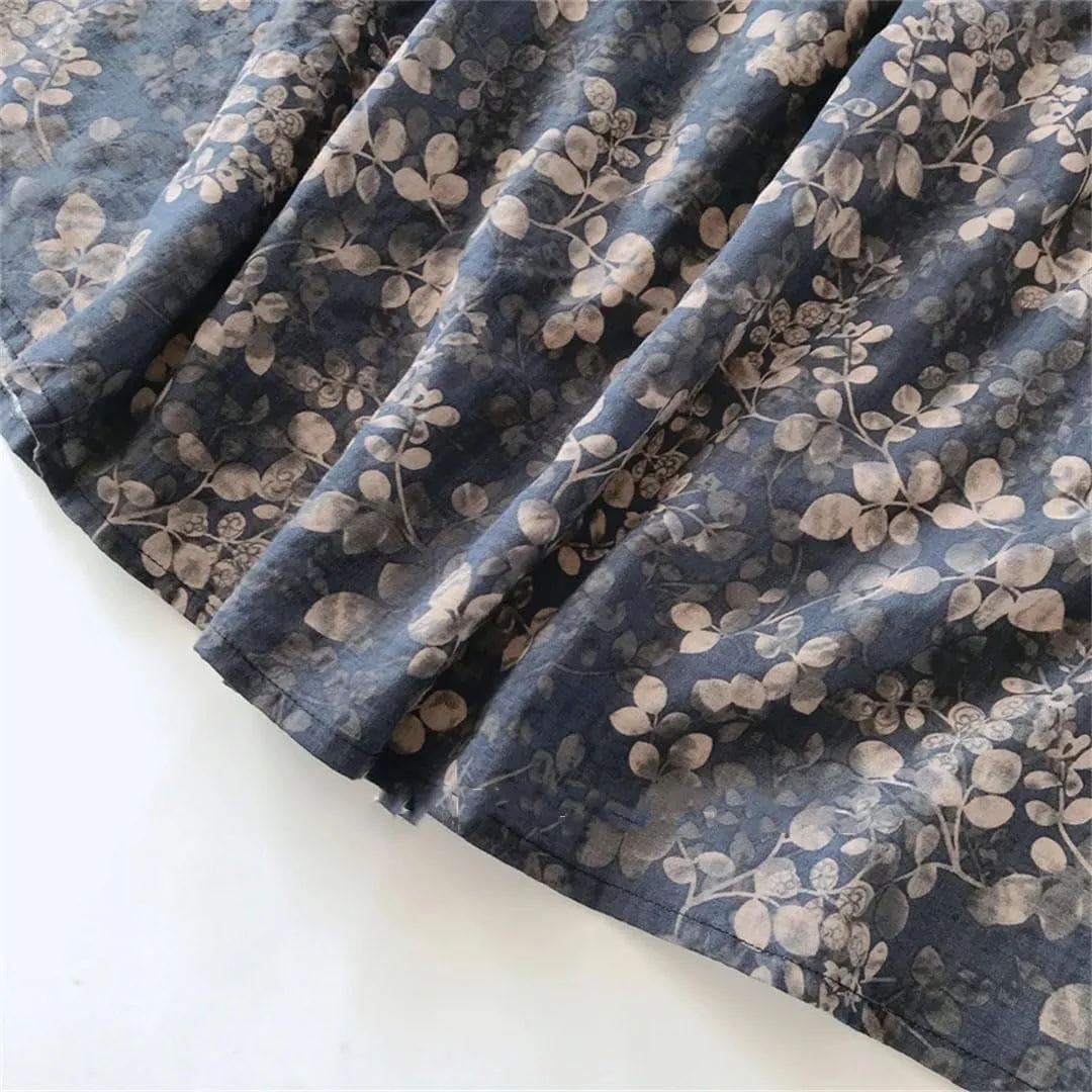 Women Vintage Print A-Line Skirt Cotton Casual Elastic Waist Loose Midi Skirts