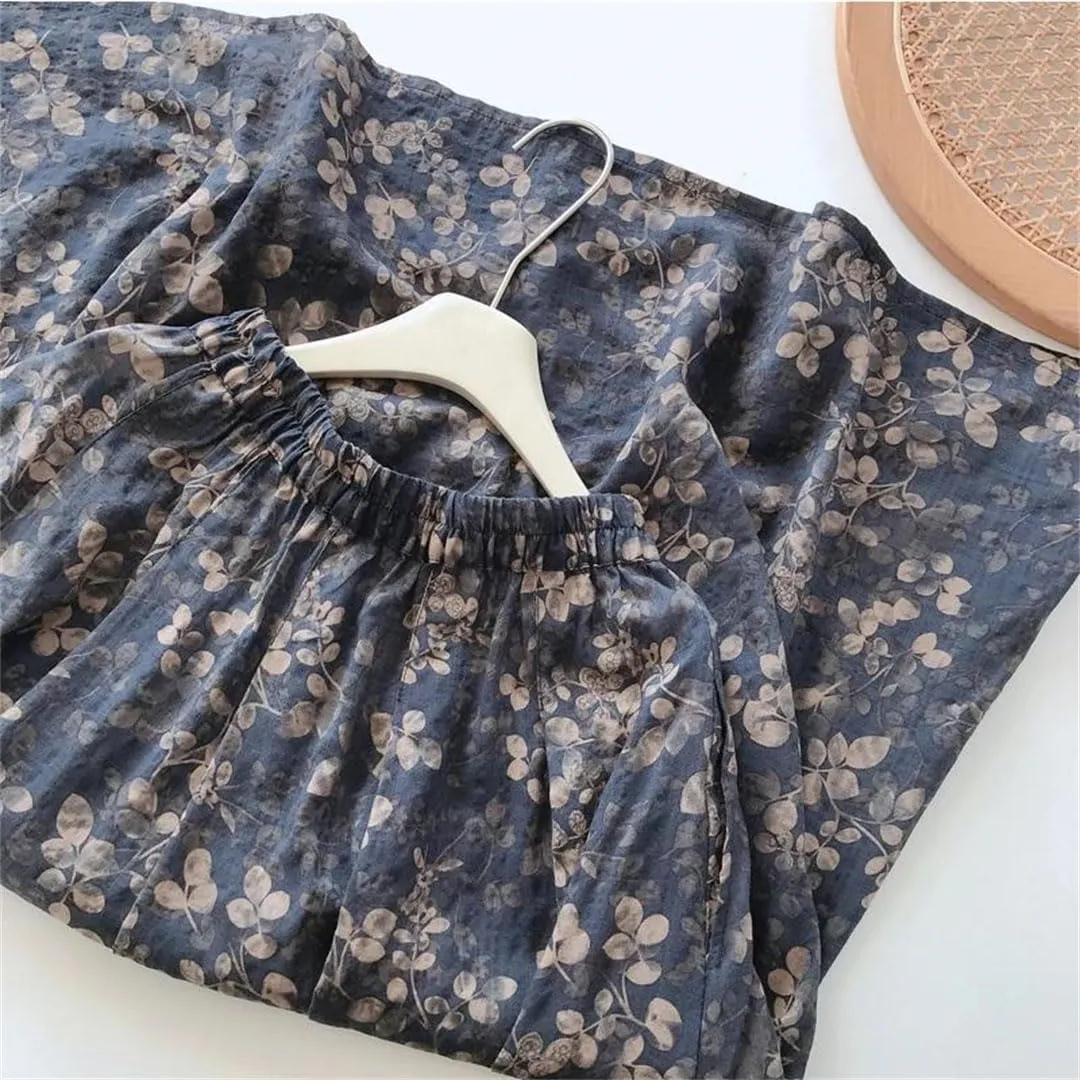 Women Vintage Print A-Line Skirt Cotton Casual Elastic Waist Loose Midi Skirts