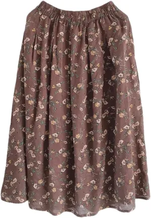 Women Vintage Print A-Line Skirt Cotton Casual Elastic Waist Loose Midi Skirts