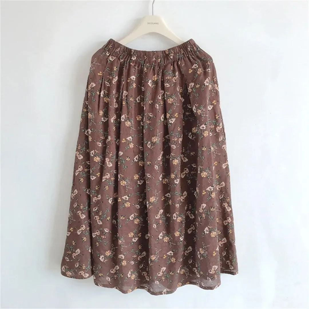 Women Vintage Print A-Line Skirt Cotton Casual Elastic Waist Loose Midi Skirts