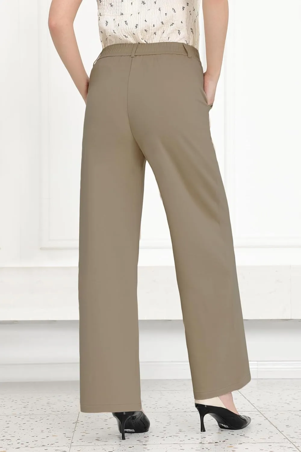 Women Wide Leg Dress Pants High Elastic Waisted Work Business Office Pants Casual Slacks Trousers with Pockets 29"
