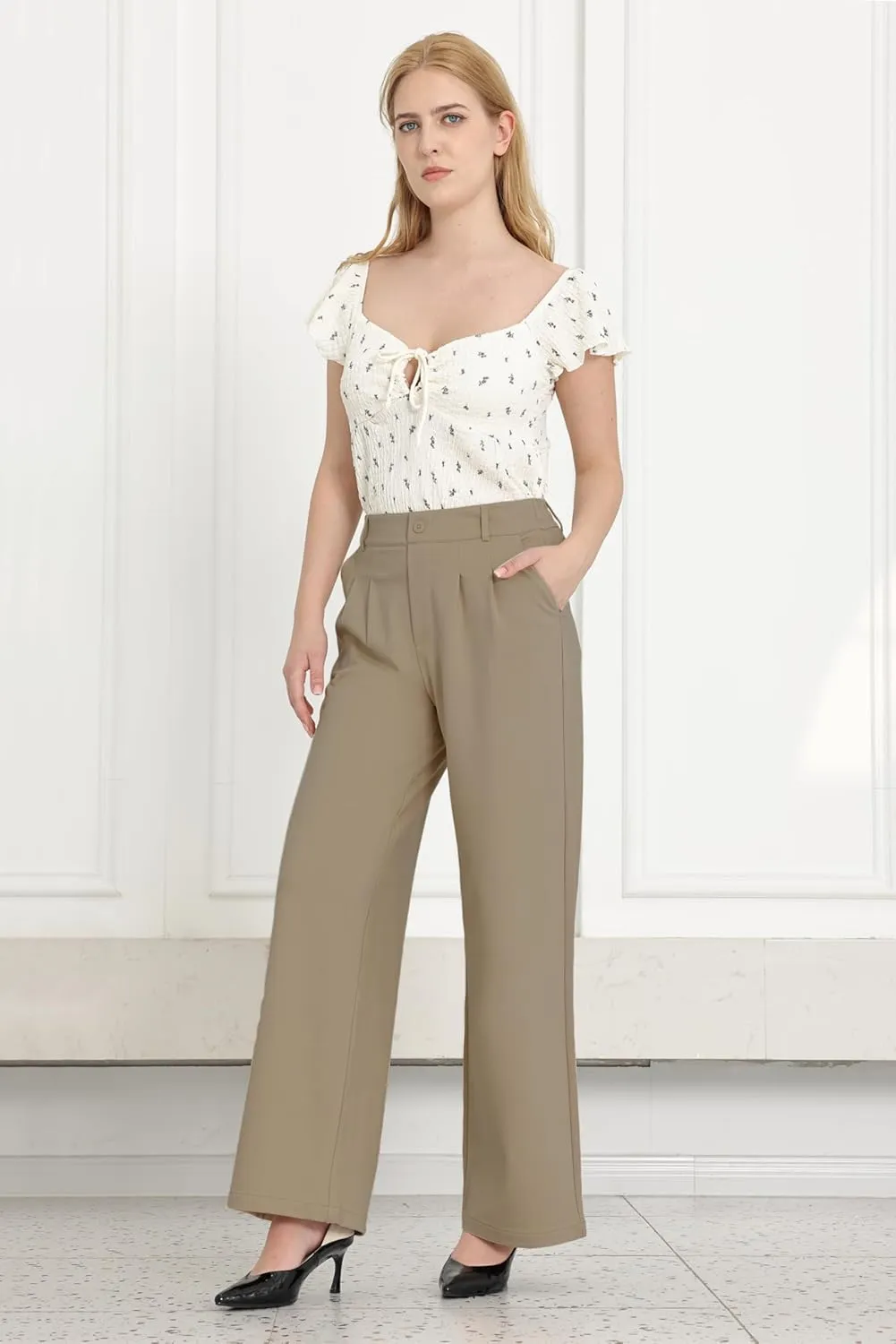 Women Wide Leg Dress Pants High Elastic Waisted Work Business Office Pants Casual Slacks Trousers with Pockets 29"