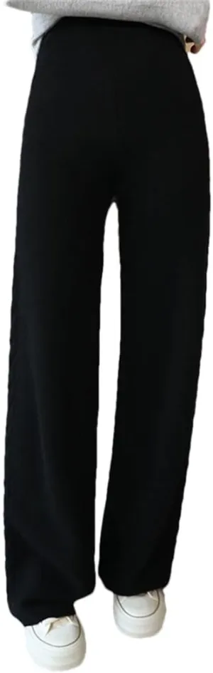 Women's 100% Merino Wool Wide Leg Pants Elastic Waist Ribbed Knitted Trousers Winter Thickened Warm Sweatpants