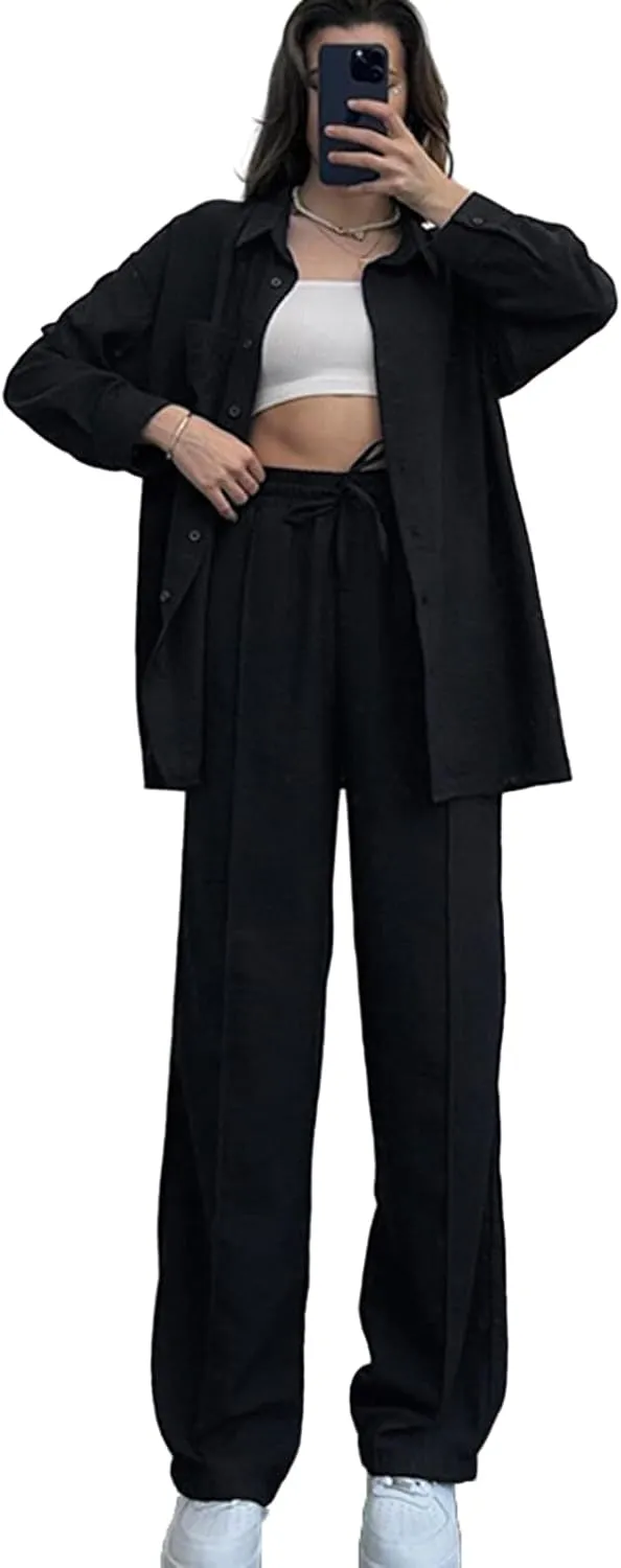 Women's 2 Piece Outfits Button Down Long Sleeve Shirt and Wide Leg Pants Set Trendy Loungewear Vacation Sets