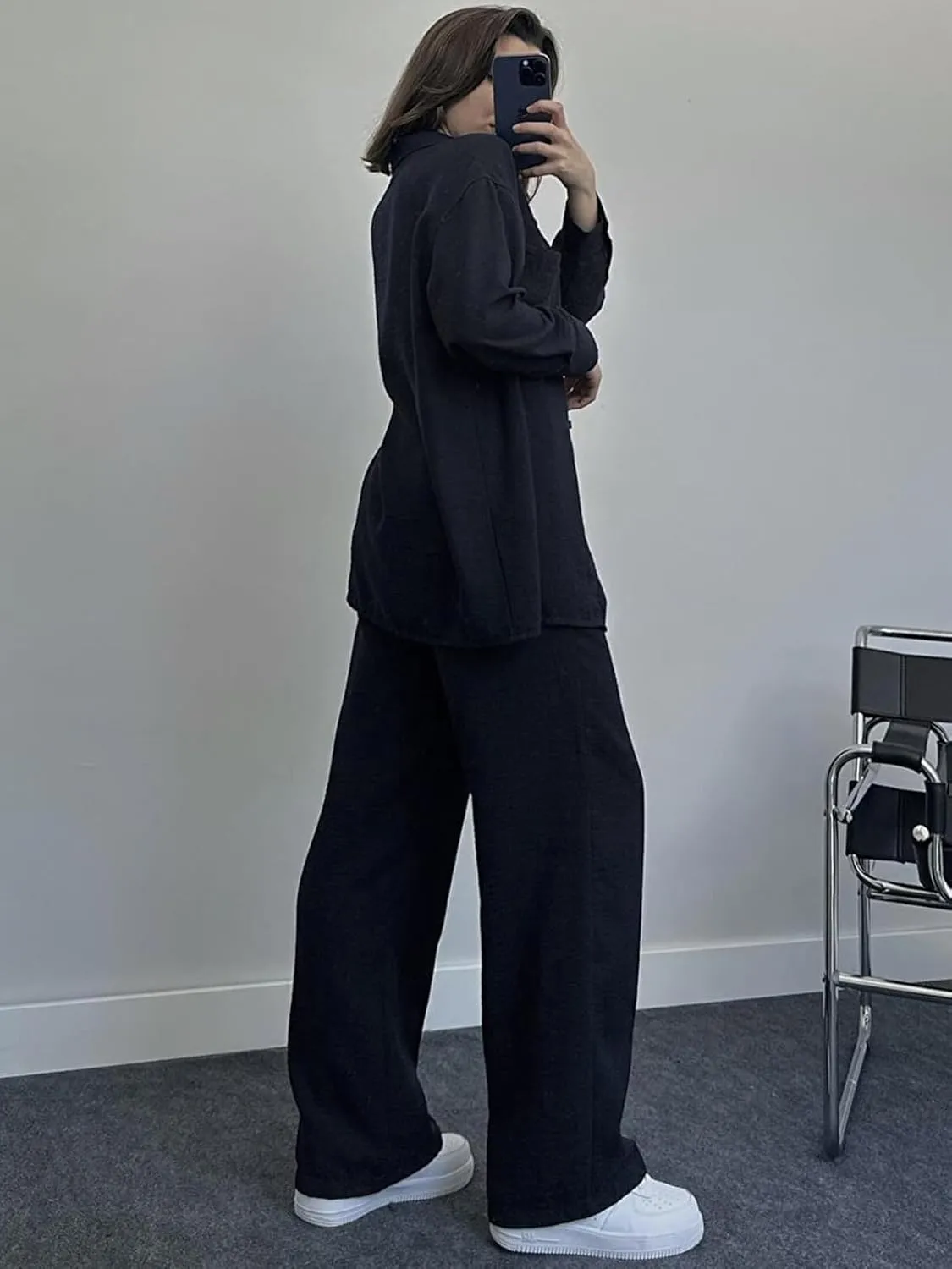 Women's 2 Piece Outfits Button Down Long Sleeve Shirt and Wide Leg Pants Set Trendy Loungewear Vacation Sets