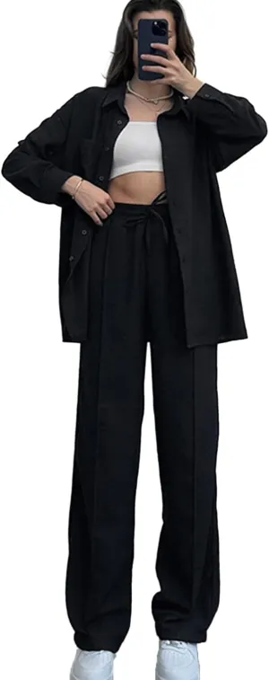 Women's 2 Piece Outfits Button Down Long Sleeve Shirt and Wide Leg Pants Set Trendy Loungewear Vacation Sets