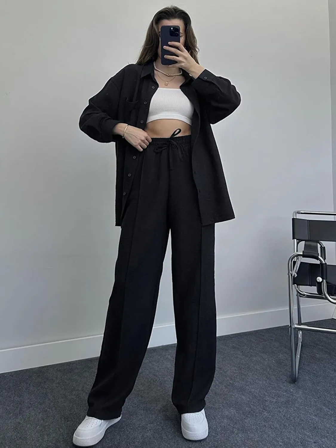 Women's 2 Piece Outfits Button Down Long Sleeve Shirt and Wide Leg Pants Set Trendy Loungewear Vacation Sets