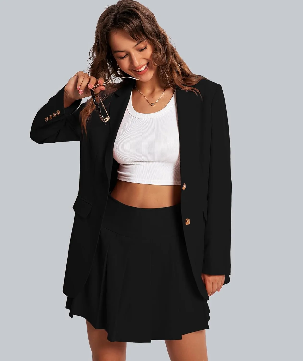 Women's 2 Piece Skirt Sets Business Casual Blazer Suit Mini Pleated Skorts Button Jackets Matching Outfits