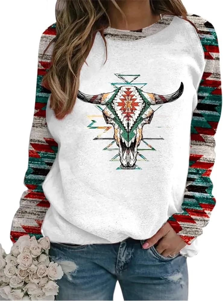 Womens Aztec Print Sweatshirts Loose Long Sleeve Western Shirts Vintage Graphic Cowgirl Crewneck Hoodies Trendy