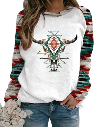 Womens Aztec Print Sweatshirts Loose Long Sleeve Western Shirts Vintage Graphic Cowgirl Crewneck Hoodies Trendy