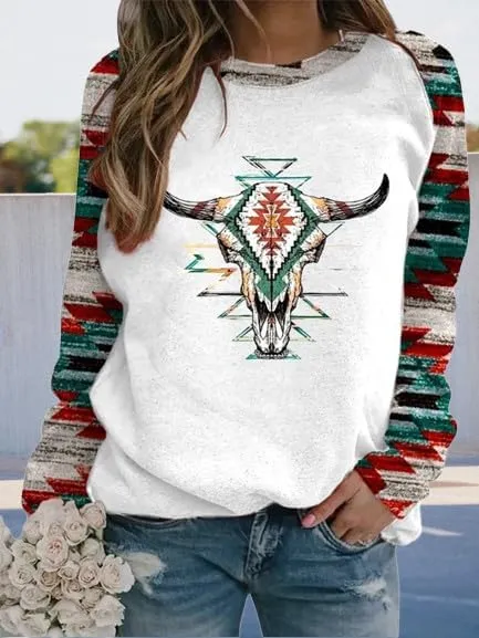 Womens Aztec Print Sweatshirts Loose Long Sleeve Western Shirts Vintage Graphic Cowgirl Crewneck Hoodies Trendy