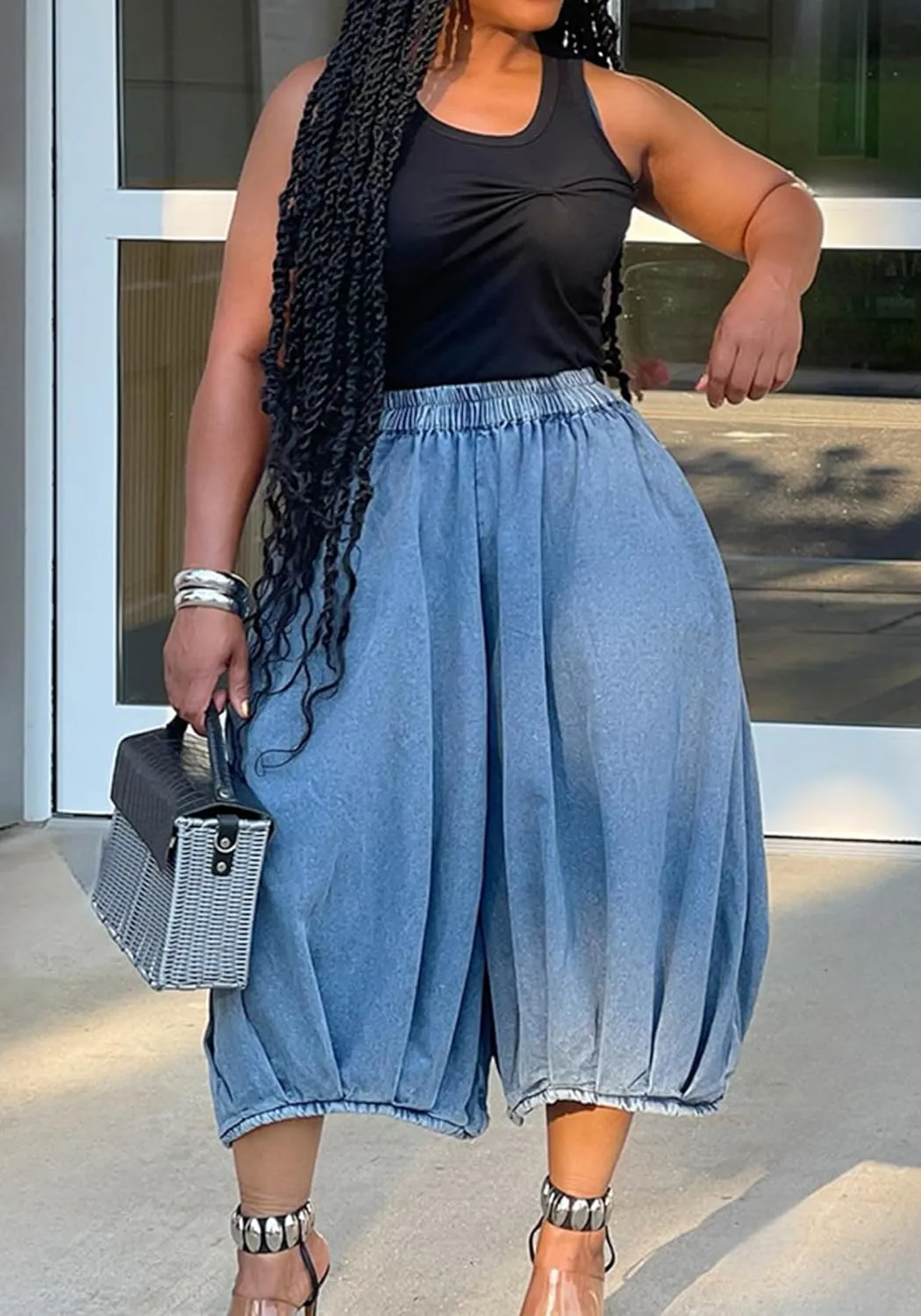 Women's Baggy Jeans Loose Elastic Waist Stretchy Denim Harem Pants Wide Leg Capri Jeans Streetwear