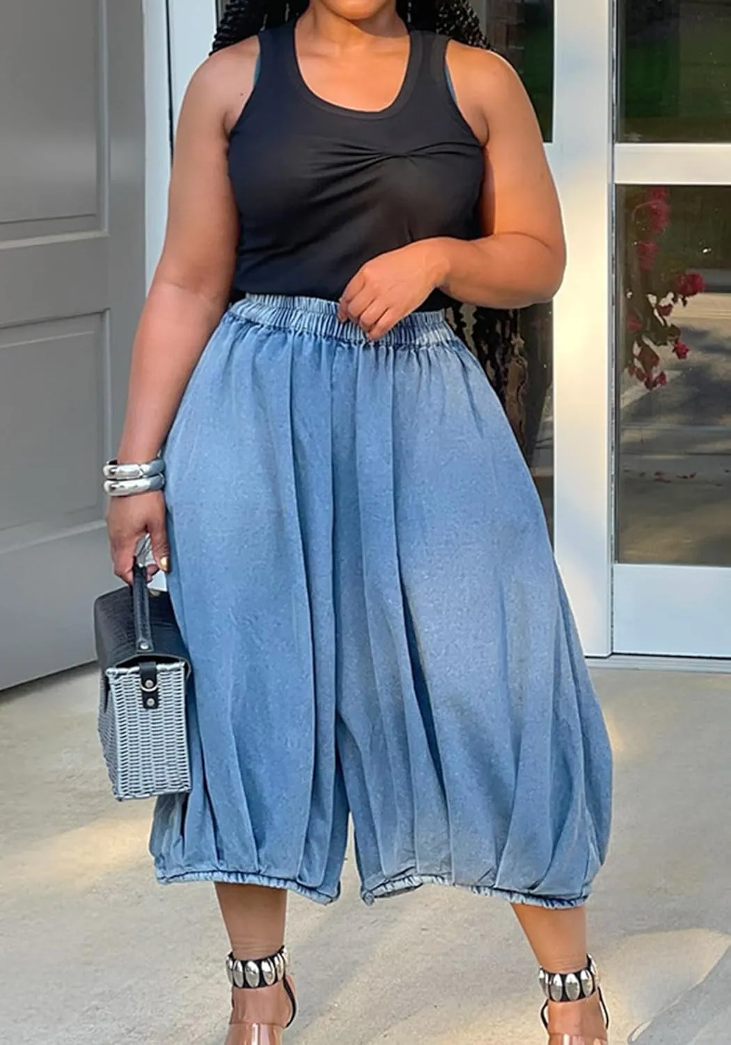Women's Baggy Jeans Loose Elastic Waist Stretchy Denim Harem Pants Wide Leg Capri Jeans Streetwear