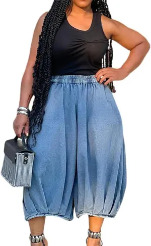 Women's Baggy Jeans Loose Elastic Waist Stretchy Denim Harem Pants Wide Leg Capri Jeans Streetwear