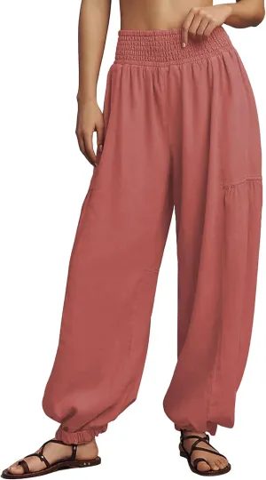 Womens Baggy Wide Leg Pants Casual Elastic Waist and Ankles Bohemian Palazzo Harem Pants with Pockets