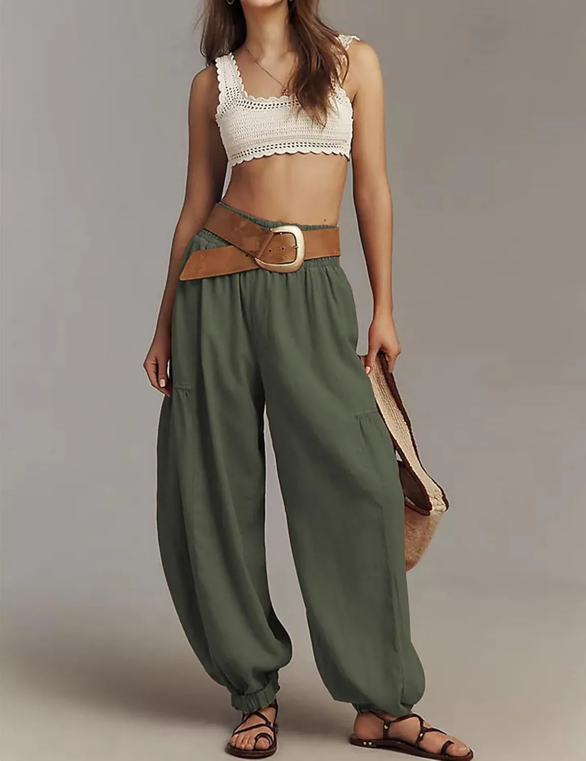 Womens Baggy Wide Leg Pants Casual Elastic Waist and Ankles Bohemian Palazzo Harem Pants with Pockets