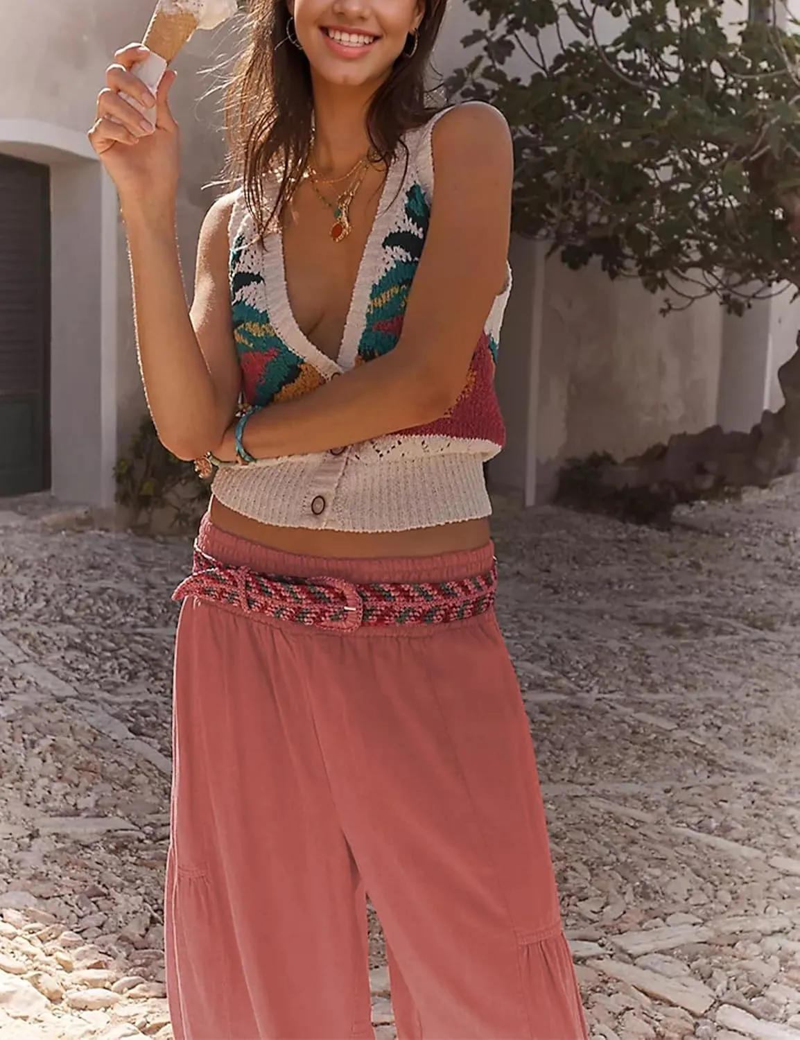 Womens Baggy Wide Leg Pants Casual Elastic Waist and Ankles Bohemian Palazzo Harem Pants with Pockets