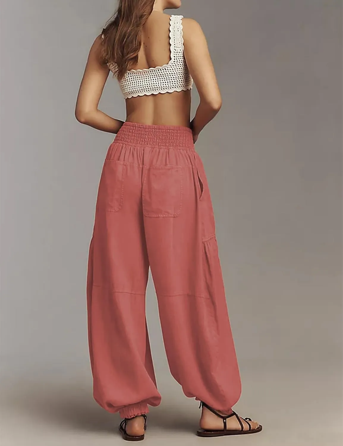 Womens Baggy Wide Leg Pants Casual Elastic Waist and Ankles Bohemian Palazzo Harem Pants with Pockets