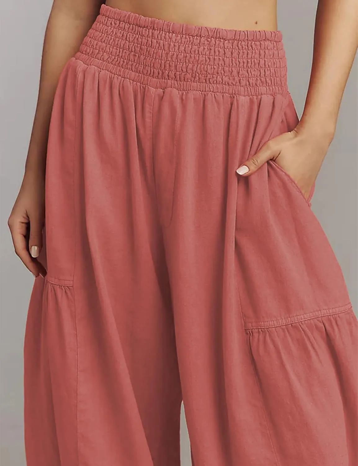 Womens Baggy Wide Leg Pants Casual Elastic Waist and Ankles Bohemian Palazzo Harem Pants with Pockets