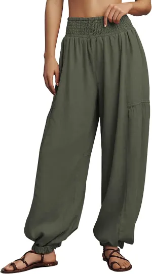 Womens Baggy Wide Leg Pants Casual Elastic Waist and Ankles Bohemian Palazzo Harem Pants with Pockets
