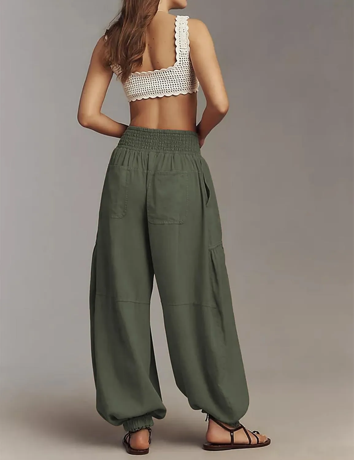 Womens Baggy Wide Leg Pants Casual Elastic Waist and Ankles Bohemian Palazzo Harem Pants with Pockets