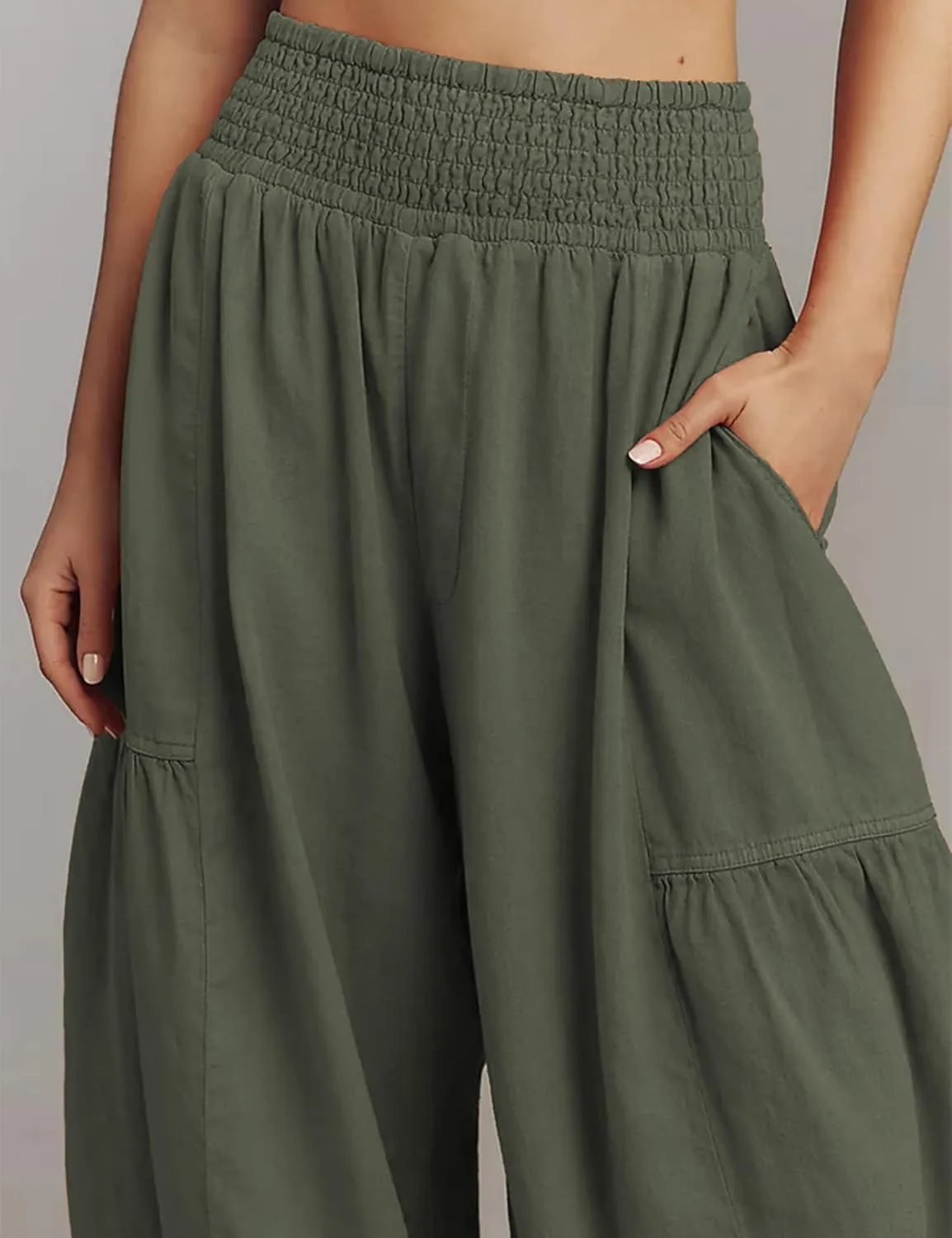 Womens Baggy Wide Leg Pants Casual Elastic Waist and Ankles Bohemian Palazzo Harem Pants with Pockets