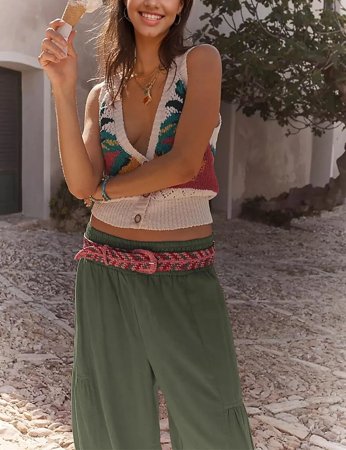 Womens Baggy Wide Leg Pants Casual Elastic Waist and Ankles Bohemian Palazzo Harem Pants with Pockets