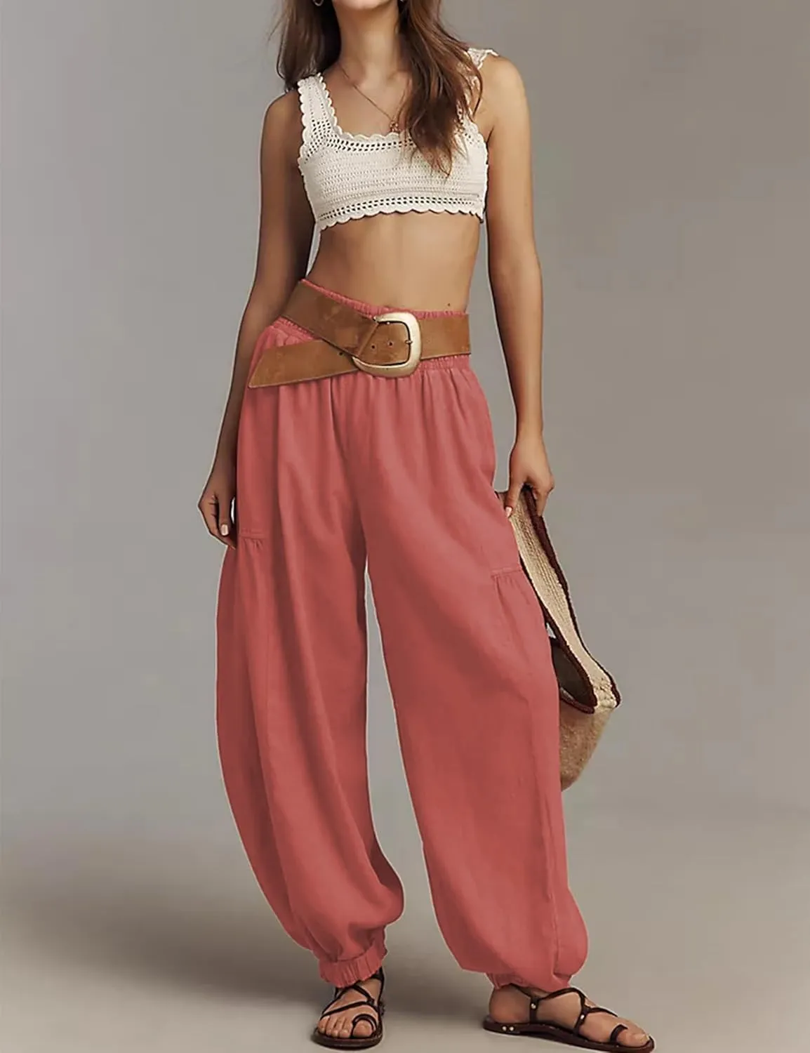 Womens Baggy Wide Leg Pants Casual Elastic Waist and Ankles Bohemian Palazzo Harem Pants with Pockets