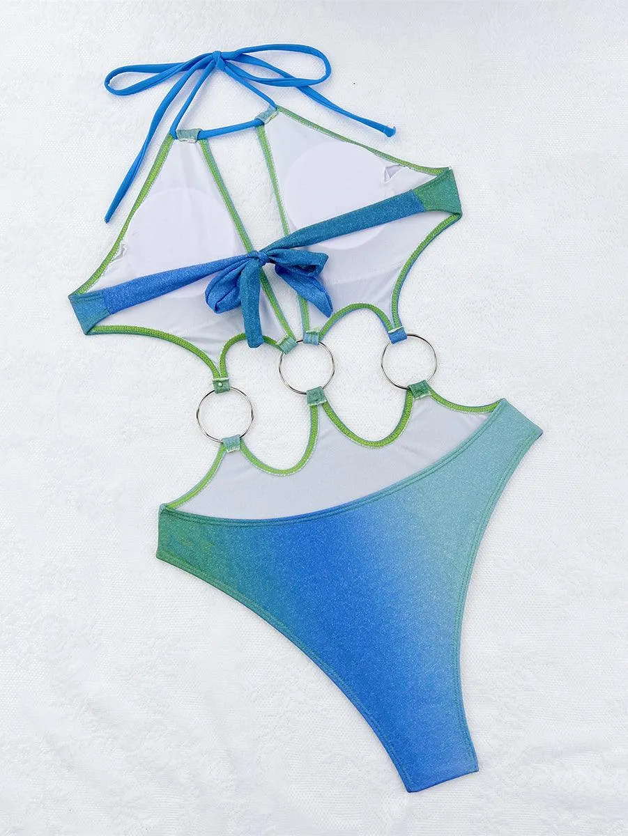 Women's Blue Gradient Halter Swimsuit | Chic Swimwear