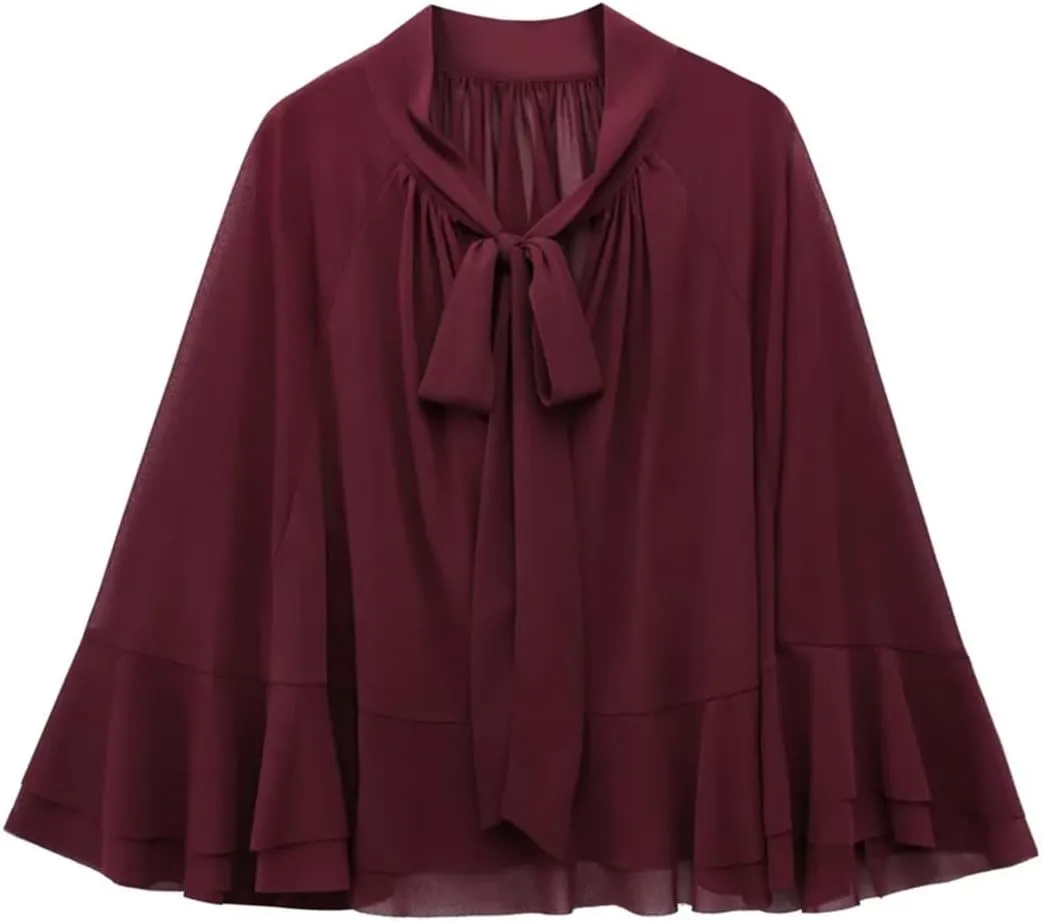 Women's Bow Layered Decorative Cloak Coat Solid Color Loose Spring Casual Top