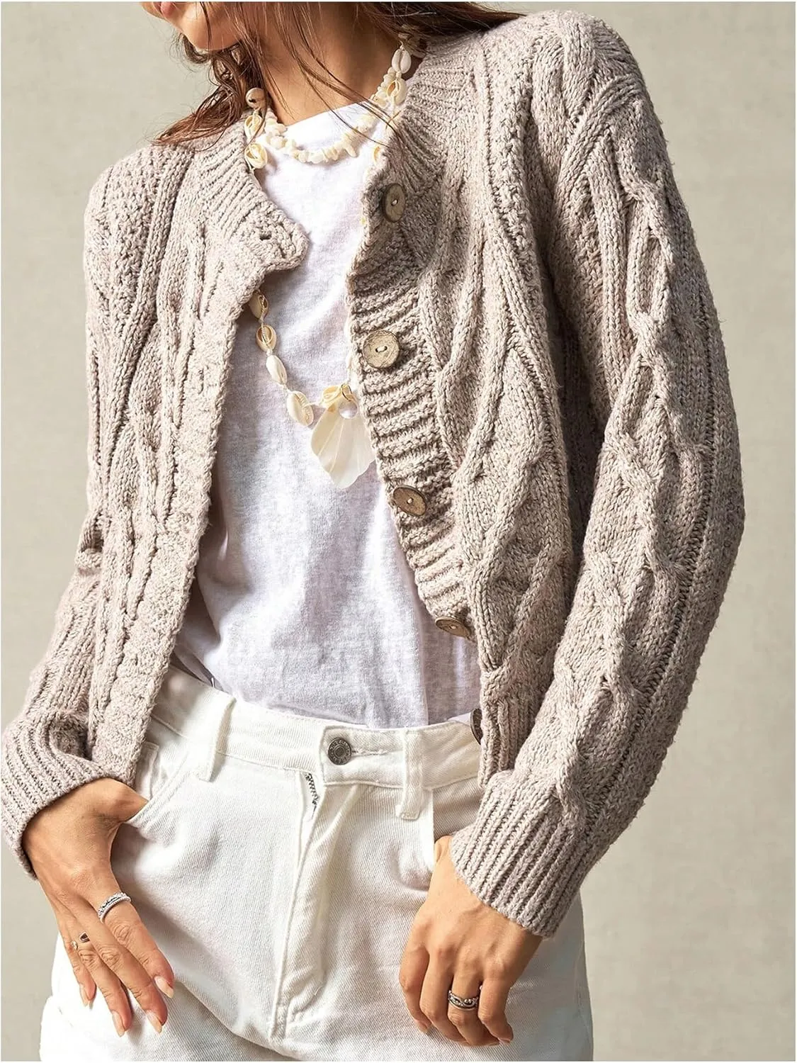 Women's Cable Knit Button Up Cardigan Crew Neck Long Sleeve Casual Sweaters