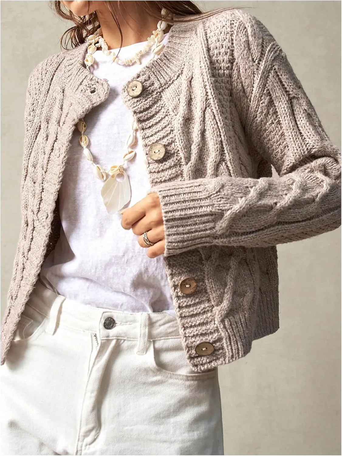 Women's Cable Knit Button Up Cardigan Crew Neck Long Sleeve Casual Sweaters