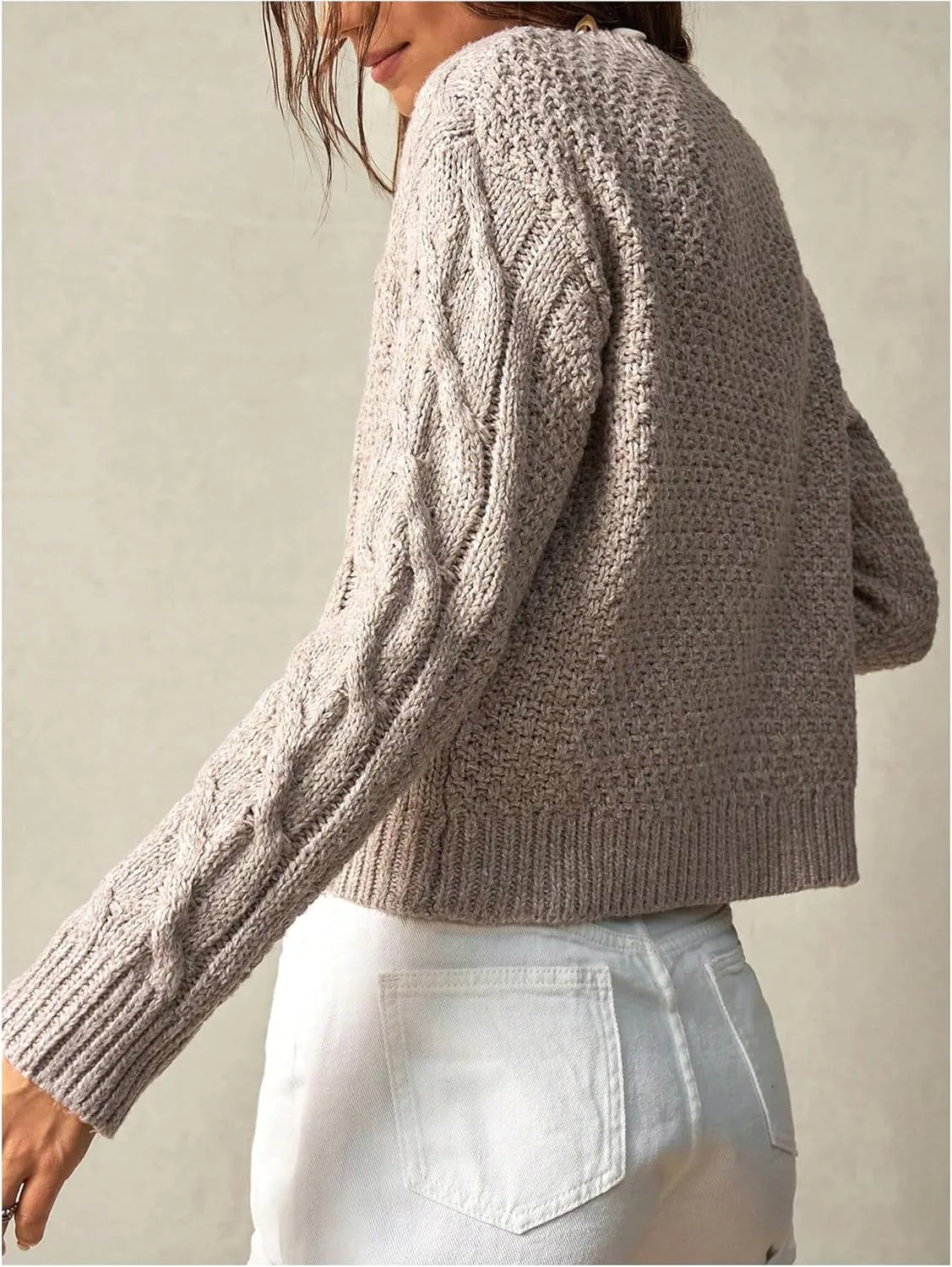 Women's Cable Knit Button Up Cardigan Crew Neck Long Sleeve Casual Sweaters