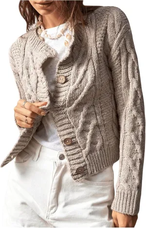 Women's Cable Knit Button Up Cardigan Crew Neck Long Sleeve Casual Sweaters