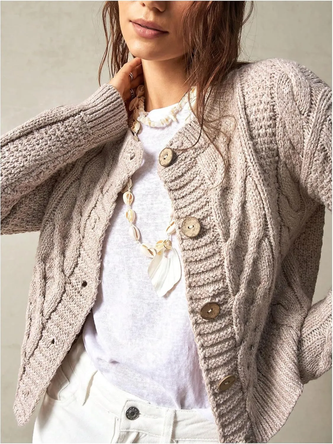 Women's Cable Knit Button Up Cardigan Crew Neck Long Sleeve Casual Sweaters