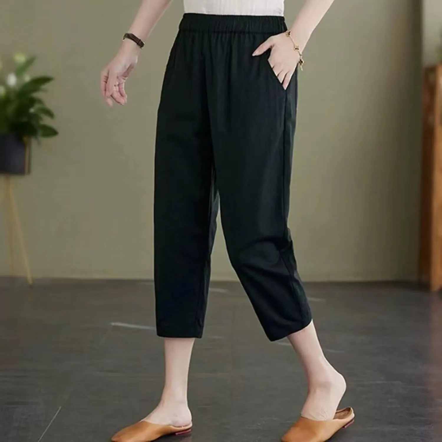 Womens Capri Pants Summer Elastic Waist Pants Dressy Casual Straight Wide Leg High Waisted Pockets Cropped Trouser